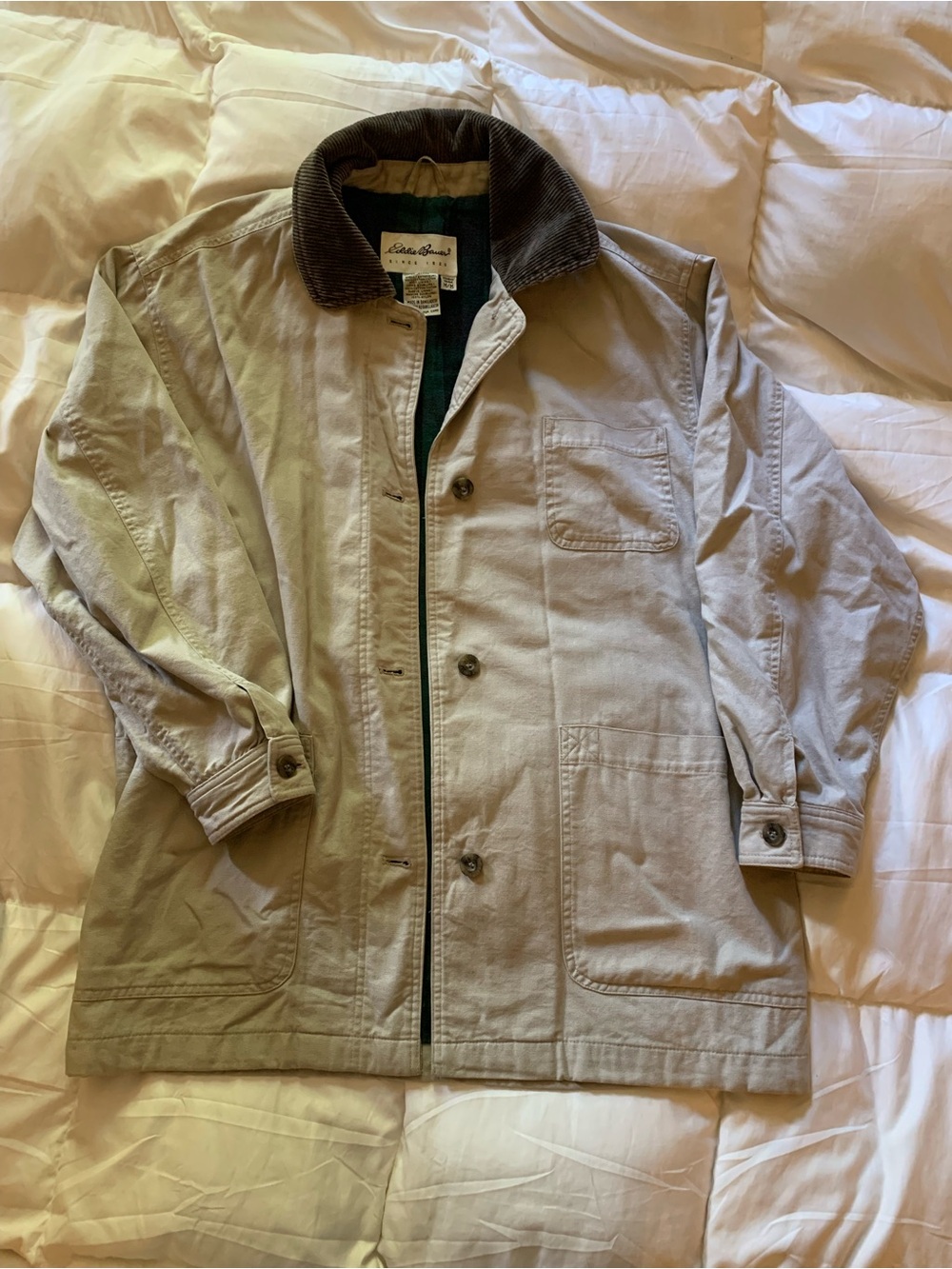 Vintage Eddie Bauer Beige Cotton-Blend Barn Jacket with Corduroy Collar